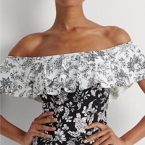 Ralph Lauren Black and White Floral Off-Shoulder Dress